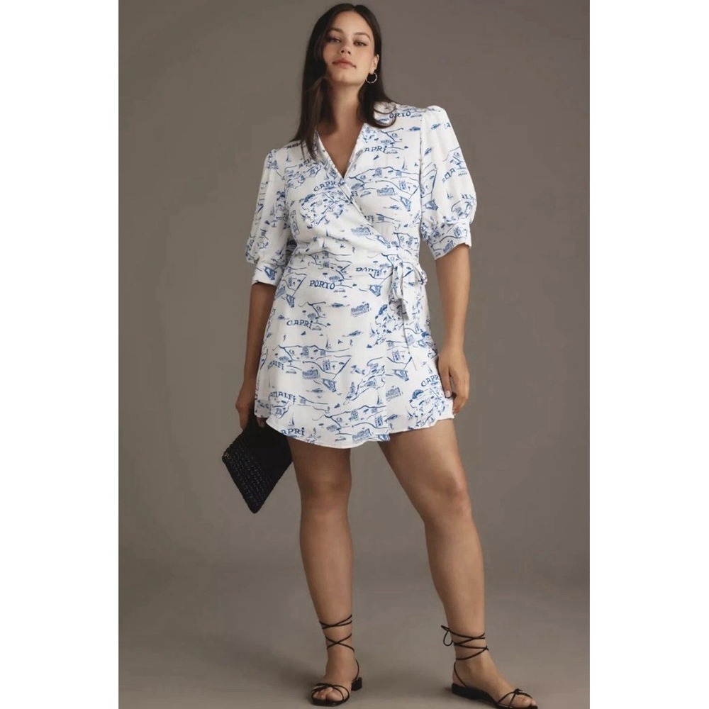 Maeve Anthropologie Wrap Mini Dress XL Blue White Amalfi Capri NWT